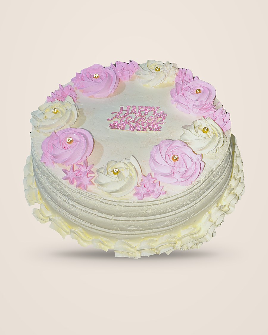 Pastel de encargo cubierto de crema, con rosas de betún rosa y blanco
